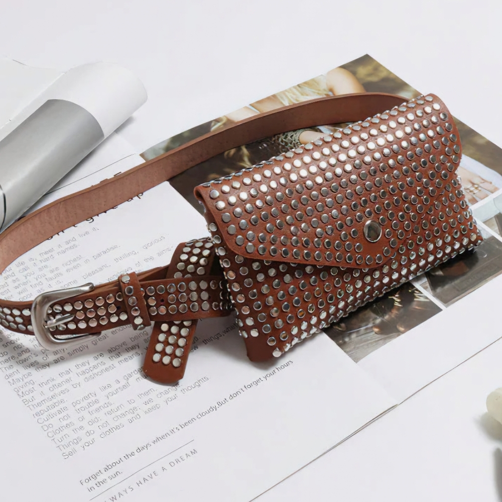 GLISTENING RIVET STUDDED CHIC SMALL WAIST FANNY BELY BAG BROWN